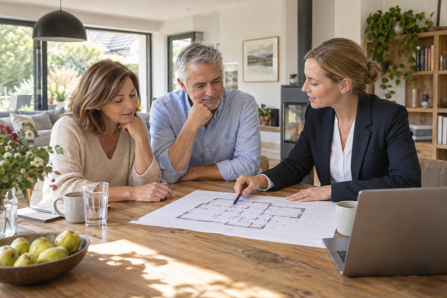 Mehrere Personen besprechen Immobilienunterlagen in einem Wohnraum